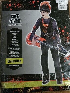 Kids Rock Zombie Halloween Costume Medium 8-10 6 Piece Rocker Punk Wig Shirt